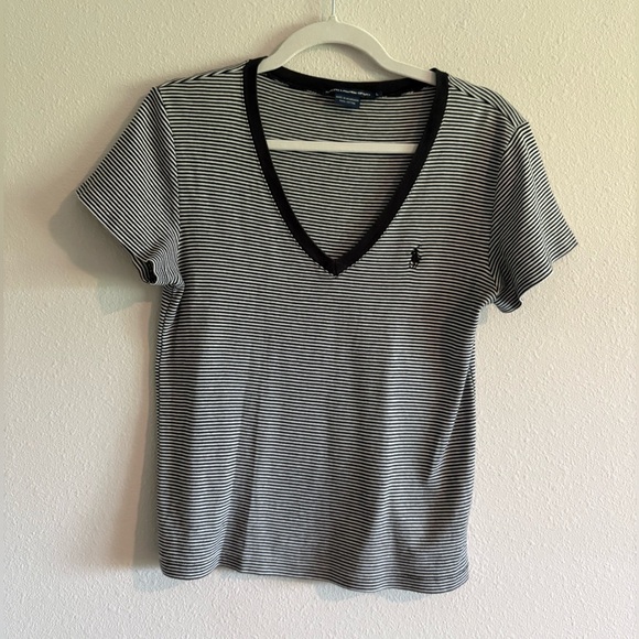 Ralph Lauren Sport Polo T-Shirt Top V-Neck Short Sleeve Tee Women’s Large Stripe - Picture 1 of 5